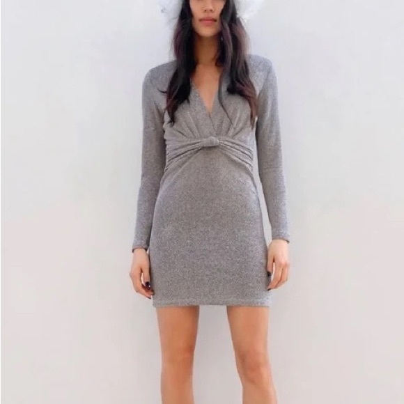 Zara Silver Glittery Knot Front Shoulder Padded Cocktail Holiday Dress NWOT - Picture 1 of 10